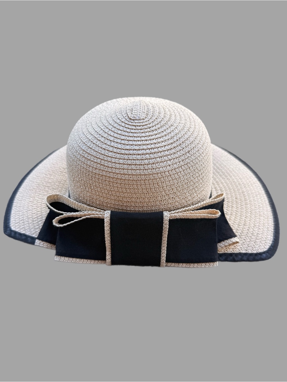 Marcus Adler Beige and Black Straw Sun Hat with Decorative Bow